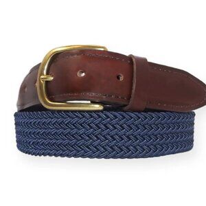 YRI Men's Braided Elastic Golf Belt Navy Blue Leather Tab Brass Buckle Size 38